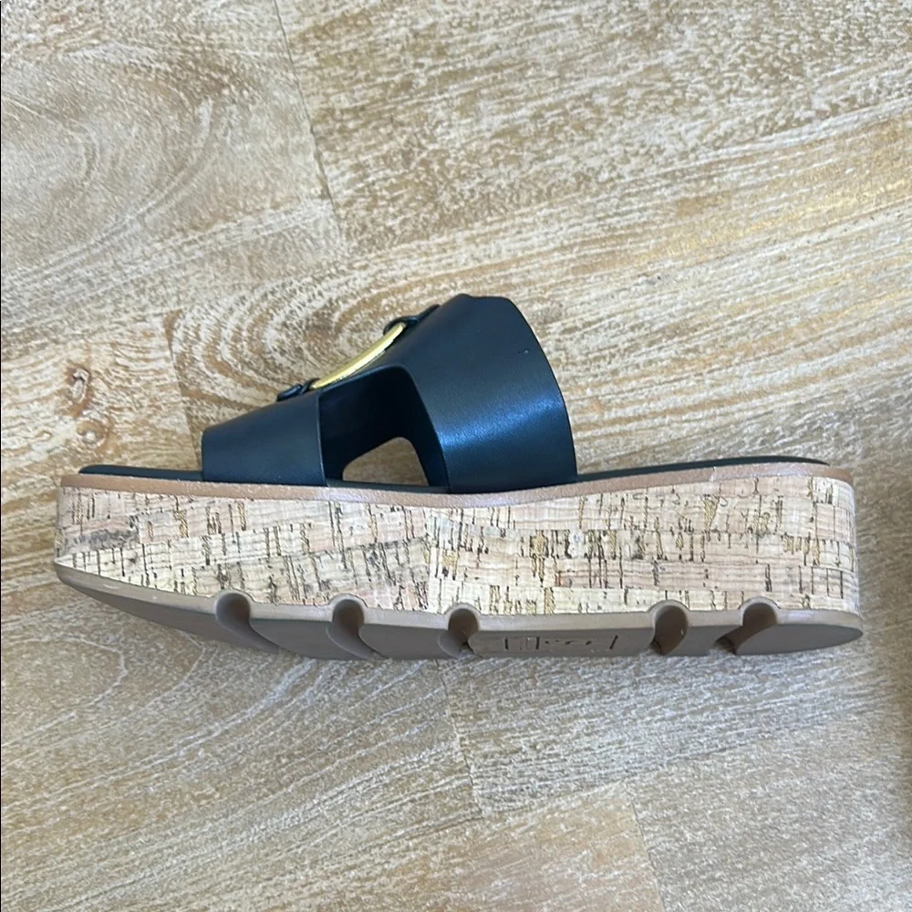 Franco Sarto Womens Black Leather Cork Platform Slide Sandals Gold Buckle 7.5